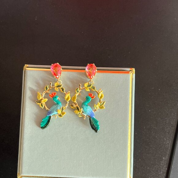 Peacock and Faceted Glass Pear Post Earrings - Picture 2 of 6
